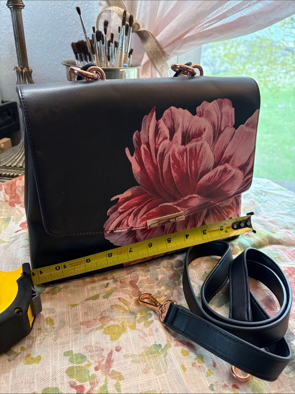 Ted Baker Black Satchel with Pink Floral Print and Rose Gold Hardware like new - Picture 3 of 13